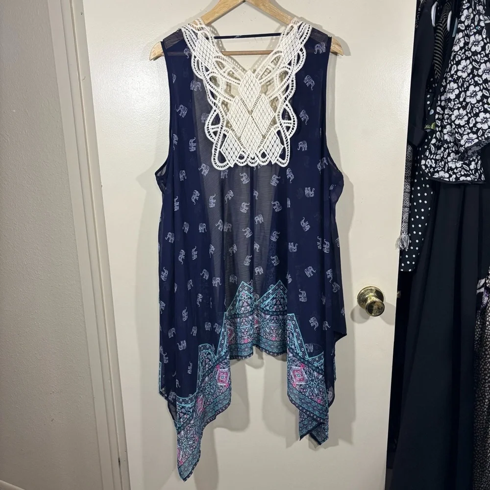 Navy Sheer Boho Elephant Print Crochet Sleeveless Cover-Up Size L